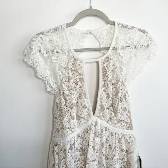 LULUS Absolutely In Love White Lace Short Sleeve Skater Dress Size Medium - Picture 4 of 10